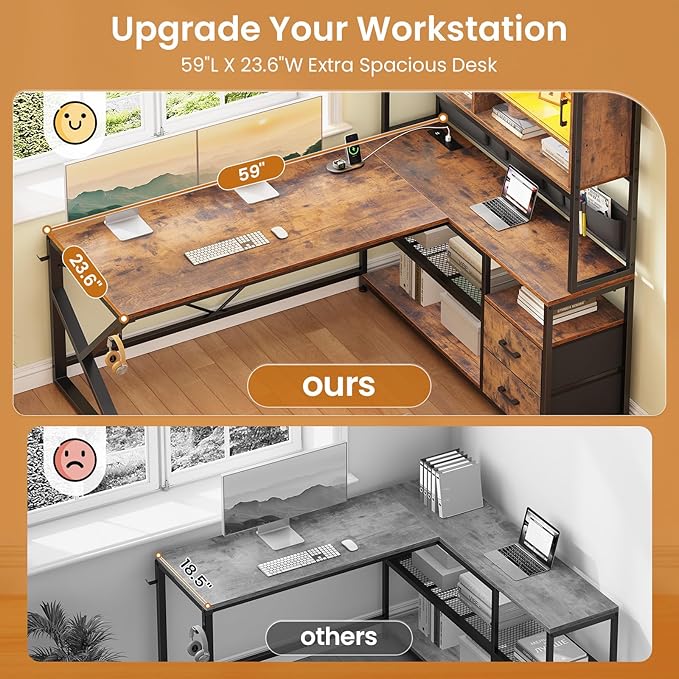 SEDETA L Shaped Computer Desk Home Office Desk with 2 Drawer and Bookshelf L Shaped Gaming Desk with LED Light Glass Cabinet and Storage Bag Corner Desk with Storage Shelves Rustic Brown