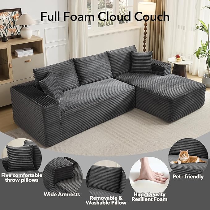 108 Cloud Sectional Couch with L-Shape Chaise Modern Modular Sofa with Deep Seat Boneless Cloud Couches for Living Room Bedroom No Assembly Required Plush Corduroy (Dark Gray Right Facing Chaise