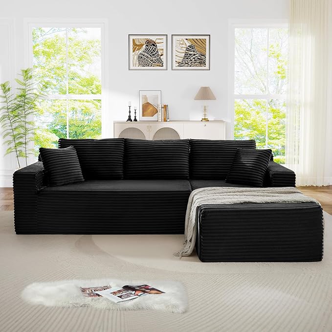103 Modern L-Shaped Modular Sectional Sofa Comfy Corduroy Deep Seat Oversized Black Cloud Couch Deep Seat Compressed Foam Boneless Couches for Living Room No Assembly (Black Right Facing Chaise)