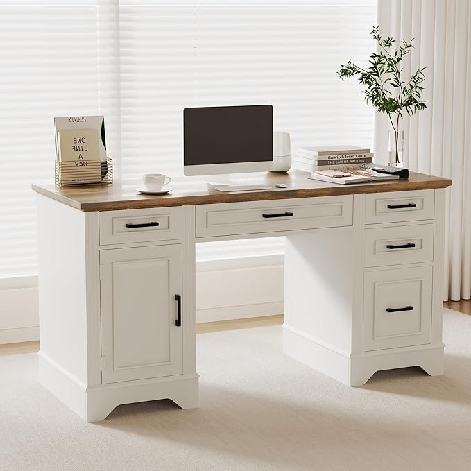 GarveeHome 58 in Farmhouse Home Desk Wooden Home Office Desk with File Cabinet Home Writing Desk for Work Study Writing Wooden Table for Bedroom Game Room White