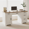 GarveeHome 58 in Farmhouse Home Desk Wooden Home Office Desk with File Cabinet Home Writing Desk for Work Study Writing Wooden Table for Bedroom Game Room White