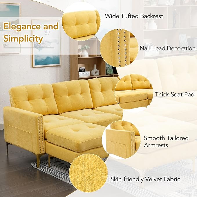 P PURLOVE Velvet Modern Large Sectional Sofa U Shape Upholstered Couch with Chaise Convertible Sofa Couch with Movable Ottoman for Living Room Apartment (Yellow)