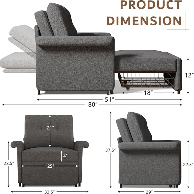Sofa Bed Chair 3-in-1 Convertible Sleeper Chair with Storage Drawer Lambswool Fabric Pull Out Couch with Adjustable Backrest for Living Room Bedroom Office Dark Gray