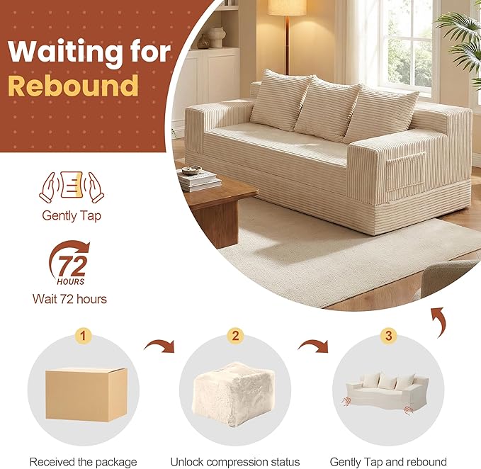 Boneless Couch 78 Inch 2 in 1 Convertible Sofa Bed Corduroy 3 Seater Fold Out Couch Oversize Boneless Loveseat Sleeper Sofa with 3 Pillows for Living Room Bedroom &amp Apartment