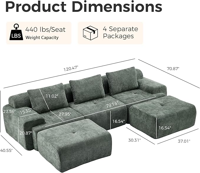 120.5 Modular Sectional Sofa Chenille Upholstered Boneless Couch Modern Deep Seat Cloud Sectional Couches for Living Room Oversized U-Shaped Couch with 2 Ottoman No Assembly Green