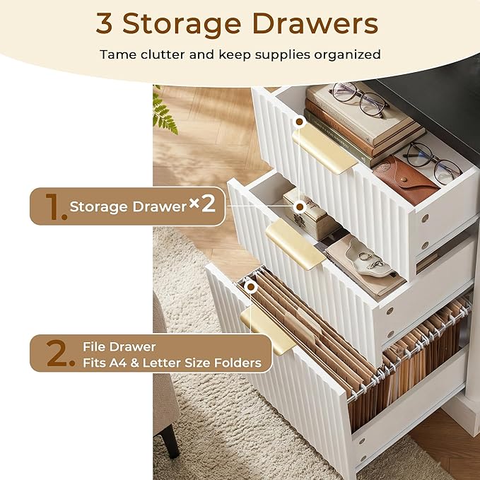 59 L-Shaped Desk with Storage File Drawers Executive Computer Gaming Home Office Desks with Charging Station Corner Work Writing Desk with Monitor Stand Removable Support Shelf (White)