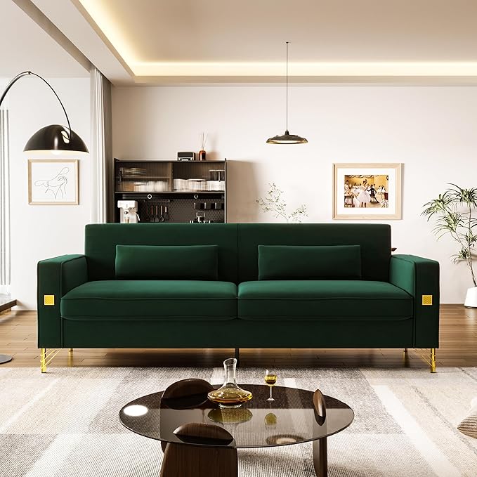 85.63'' Mid-Century Modern Green Velvet Sofa Couch with Metal Gold Legs 3 Seater Tufted Loveseat Couches with 2 Lumbar Pillows for Living Room and Apartment