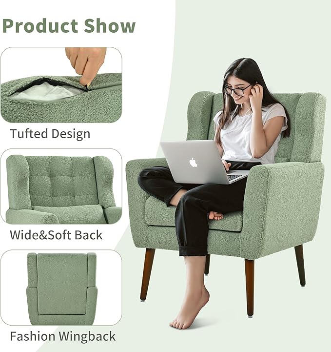 Modern Accent Chair Upholstered Arm Chair with Waist Pillow Single Sofa Chair for Living Room Bedroom Small Spaces (Light Green)