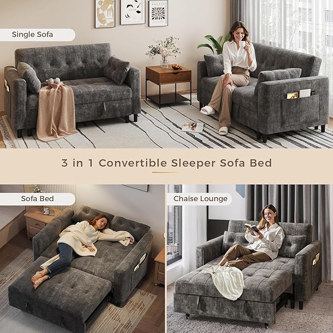 KKL 3 in 1 Convertible Sleeper Sofa Bed Small Pull Out Couch Bed with Adjustable Backrest Chenille Loveseat Couches with Side PocketFuton Sofa Beds Couch for Living Room Bedroom(Dark Grey)