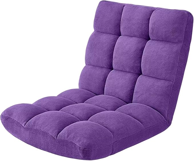 Folding Floor Gaming Chair Adjustable 14-Position Backrest 6-Inch Thick Flannel and Skin-Friendly Cotton Sponge Breathable Ideal for Gaming Meditating Sleeping Purple