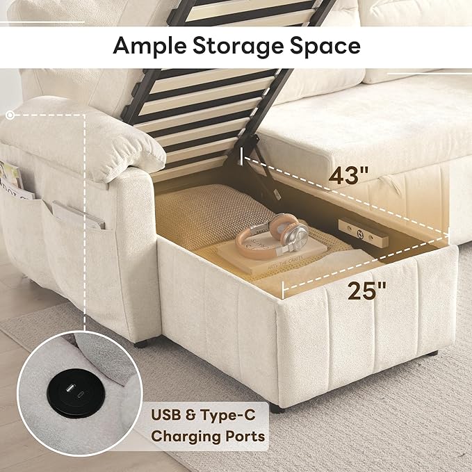 Tbfit 84'' Sleeper Sofa Bed 3 in 1 Cloud Pull Out Sofa Couch with USB &amp Storage Chaise Convertible Sofa Bed with Pull Out Bed Couches for Living Room Apartment Office White Sherpa