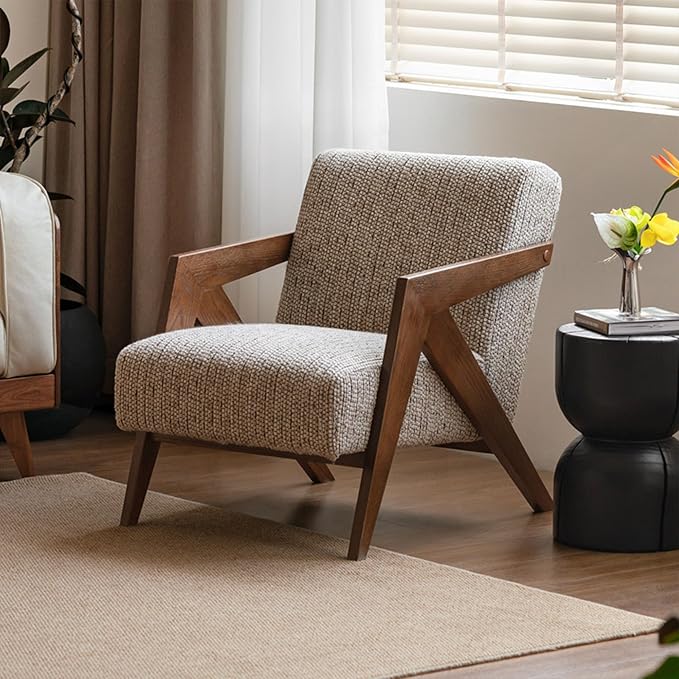 YESWOOD Solid Wood Reading Armchair Removable Washable Cover High-Resilience Foam Ergonomic Living Room Bedroom Balcony Chair (Grey)