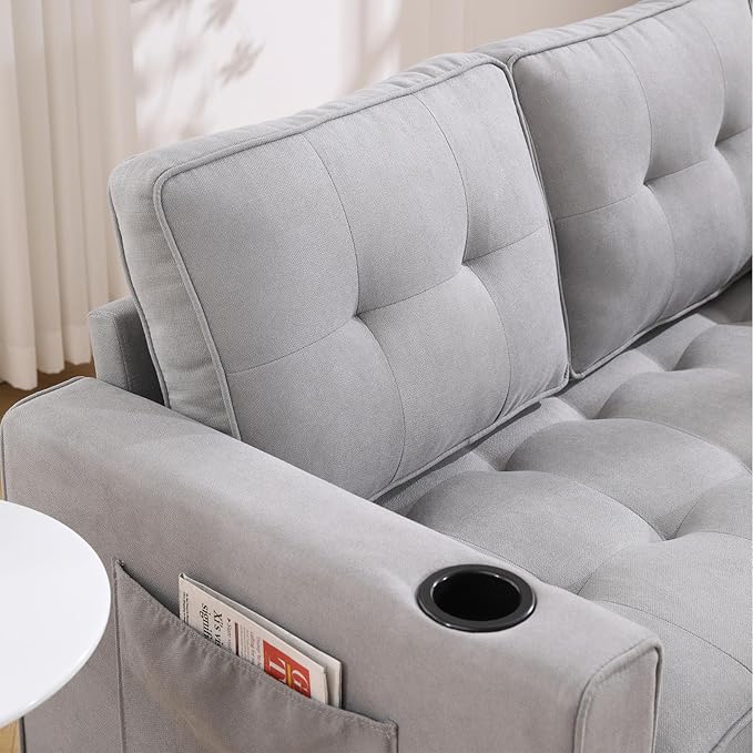 Folding Futon Loveseat Sleeper Sofa Bed with Pullout Couch Bed Comfy Convertible Floor Sofa Bed Cup Holder&amp Side Pockets for Bedroom Living Room Small Space (Light Gray + Cup Holder)