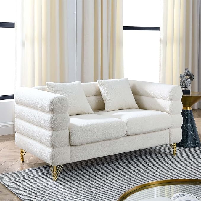 Antetek 60-inch Couches for Living Room Modern Teddy Fabric Upholstered Loveseat Sofa Couch with Square Arm and 4 Golden Metal Legs for Living Room Office Apartment White
