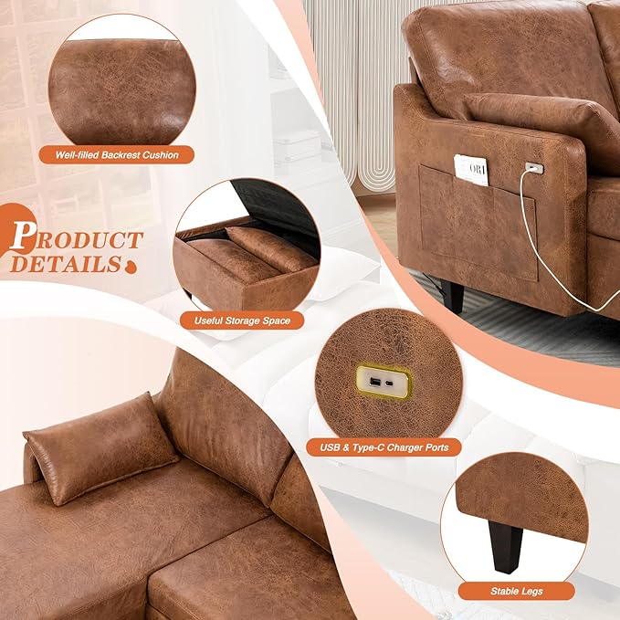 76 Sectional Sofa Couch w/Reversible Chaise Suede Leather L Shaped Sofa w/USB Charger Ports &amp Storage Bag Convertible Modern Couch w/Storage Space for Living Room Small Space Brown