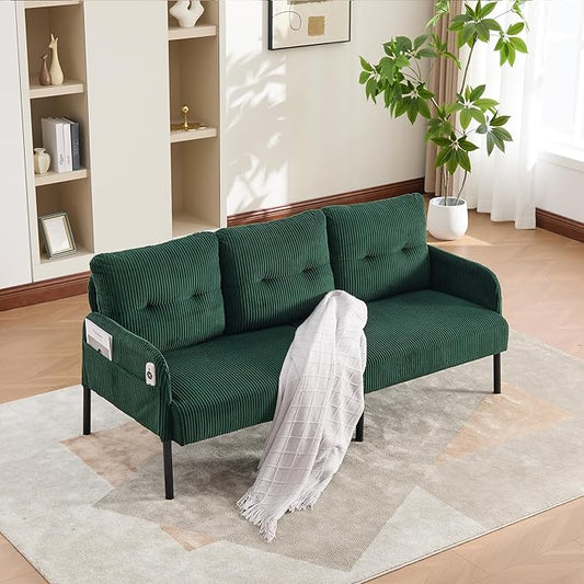 KEIKI 67 Corduroy Loveseat Sofa with Double Side Pockets &amp High Resilience Cushion Modern Style Upholstery Oversized 2-Seater Couch with Metal Legs Easy Assembly for Living Room Emerald