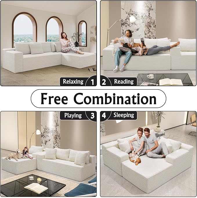 White sectional couches for Living Room Corduroy Couch104 Cloud Sectional Couch with L-Shape Chaise Modern Modular Sofa Deep Seat Comfort No Assembly Required(Plush Corduroy Fabric)
