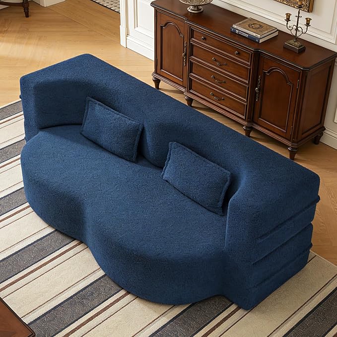 2 in 1 Convertible Compressed Sofa Bed 54'' Modern Boneless Loveseat Sleeper in a Box Floor Mattress Futon Couch No Assembly Needed Space Saving Blue 2 Pillows Full for Small Living Room