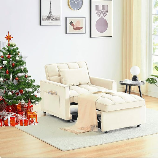 3 in 1 convertible Sleeper Sofa bed chair Modern Pull Out Couch Bed single recliner with adjustable back  Velvet Futon Folding Sofa Bed Chair for Living Room Bedroom small Spaces (Creamy White)
