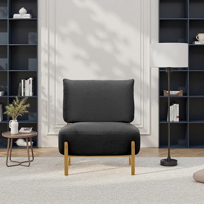 Modern Living Room Accent Chair Teddy Fleece Solid Rubberwood Frame Contemporary Lounge Seating for Reading Corner (Black)