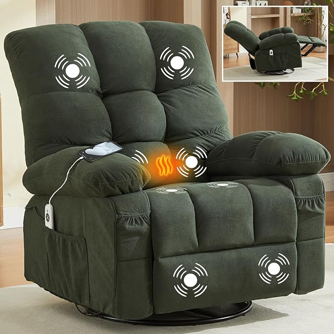 Oversized Recliner Chairs for AdultsSwivel Rocking Chair Recliner with Wide Arms&amp Backrest Fabric Reclining Chair with Pockets Lazy Boy Recliners for Living Room Bedroom (Green)