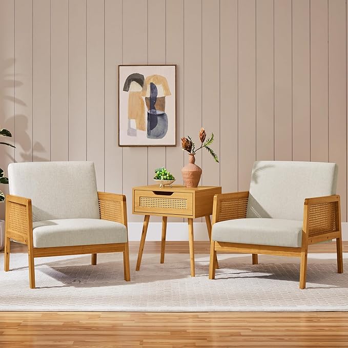 Yaheetech Accent Chair Modern Armchair with Wood Legs Mid Century Living Room Chair Linen Comfy Lounge Chair for Bedroom Reading Room Set of 2 Beige