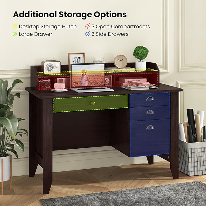 GLACER 48 Computer Desk with 4 Storage Drawers &amp Hutch Home Office Desk with Cable Hole for PC Laptop Wooden Writing Workstation Gaming Desk for Office Study Bedroom Small Spaces (Brown)