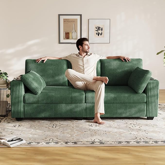 OUYESSIR 82 Loveseat Sofa for Living RoomModern Sofa with USB Charging Ports &amp Cup HoldersComfy Corduroy Couch with Upholstered Cushion3 Seater Deep Seat Couch for Small SpaceBedroom Green