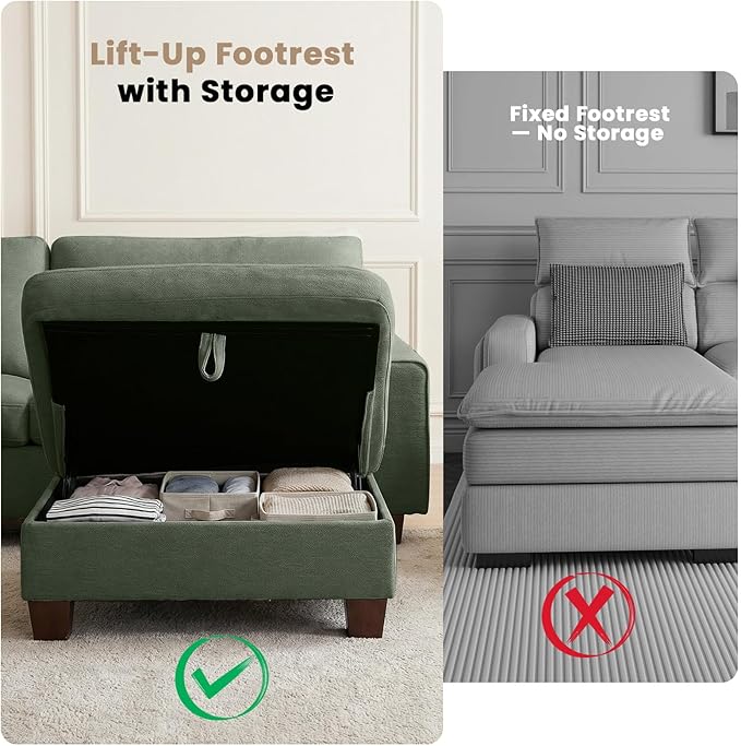 DOPEDIO L-Shaped Sectional Sofa with Storage Ottoman Modern Chenille Recliner Loveseat Removable Couch Covers Pocket Spring Cushions Solid Wood Frame Easy to Install (88.58inch Green)