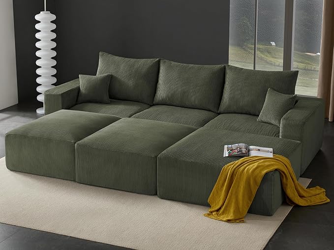 113 Modular Sectional Couch Cloud Boneless Sofa with Deep Seats Upholstered Corduroy Sofa Bed with Loung Chaise 3-Seater Couches for Living Room No Assembly Required Green