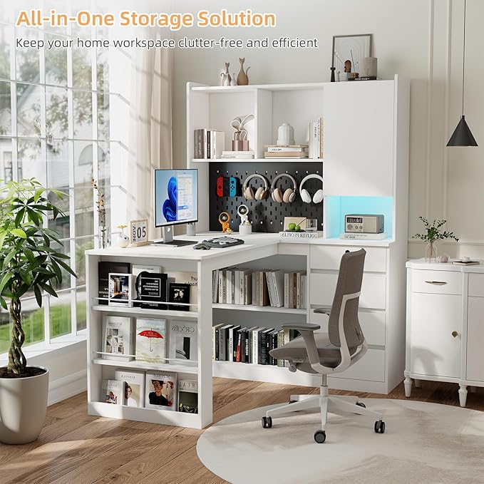 L Shaped Desk with Hutch and 4 Drawers Computer Desk with USB Ports Power Outlets &amp LED Light Wood Corner Computer Desks with Storage Shelves for Home Office White Left Long