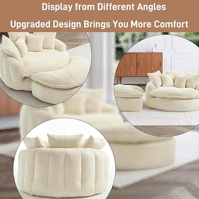 54'' Oversized Round Bean Bag Chaise Lounge Barrel Chair with Movable Ottoman Fluffy Cloud Couch Boneless Round Sofa Chair for Living Room Bedroom Apartment Beige White