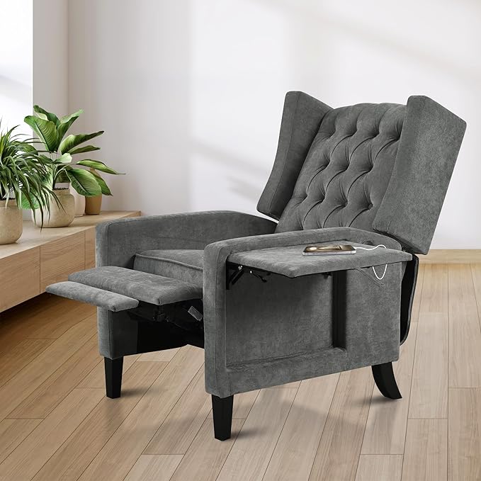 Pushback ReclinerComfortable Wingback Sofa Chair with Adjustable Backrest Tufted Fabric Upholstered ArmchairRetro Rivets Decorated Recliner for Living Room Bedroom Office Home Theater (USB Gray)