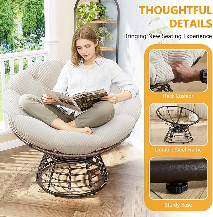 36” Papasan Chair with Cushion and Frame Oversized Papasan Chairs 360° Swivel Olefin Adjustable Feet Suitable for Living Room Patio Bedroom Indoor/Outdoor (White)