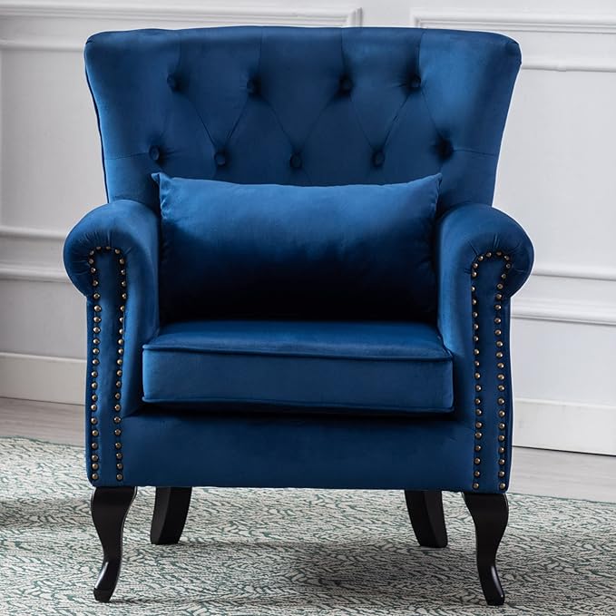 Mid Century Modern Accent Chair Upholstered Armchair Comfy Velvet Fabric Single Sofa with Tufted Wingback for Small Spaces Bedroom Living Room Blue