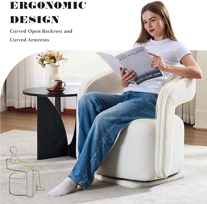 FOXHUNTER Swivel Accent Chair Modern Upholstered Barrel Chair Oversized Round Accent Armchair with Open Back Wooden Base for Living RoomChenil White