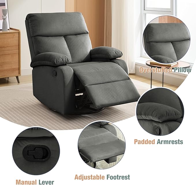 Swivel Rocker Recliner for Adults Rocking Small Recliner Chair for Small Spaces Glider-Nursery Rocking Chair for Living Room RV Nursery Bedroom Grey