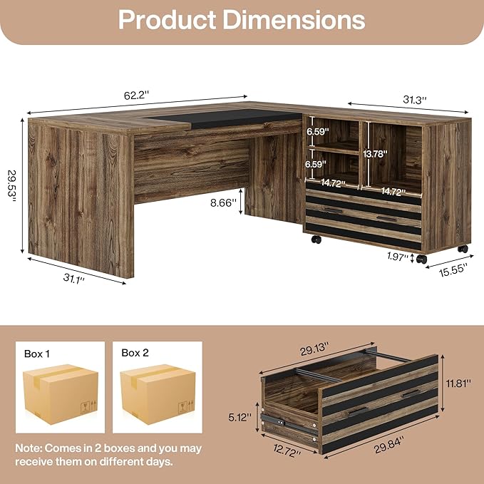 Tribesigns 62.2 Executive Desk with Mobile File Cabinet L-Shaped Office Desk with Storage Shelves Large Computer Desk Business Workstation Set for Home Office Light Brown