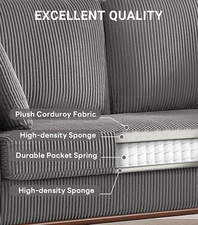 Kingfun 65 Corduroy Love Seat with Spring Cusions Mid Century Modern Loveseat Sofa for Livingroom &amp Bedroom Comfy Upholstered Small Couch Gray | linen fabric button tufted solid wood foot p