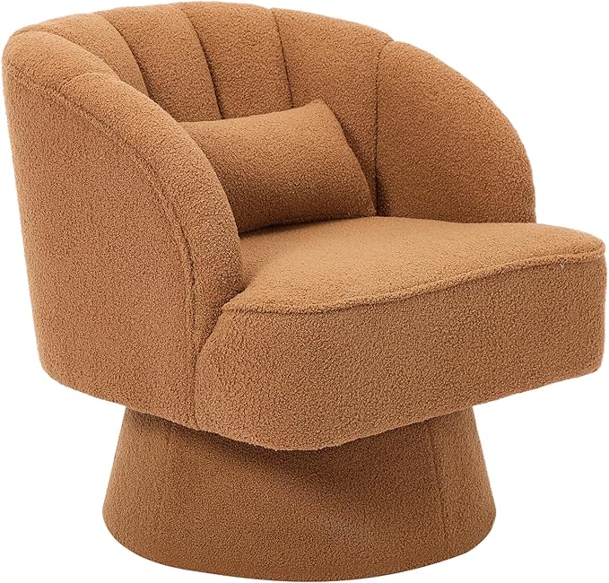 Swivel Barrel Chair - Teddy Bear Velvet Upholstered Modern Armchair with Striped Backrest &amp Plush Padding Round Lounge Chair for Living Room Bedroom Small Spaces Brown - (1 Pcs)