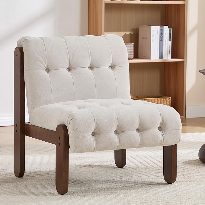 Modern Armless Accent Chair Set of 2 for Living Room Beige Linen Button Tufted Upholstered Lounge Reading Chair with Walnut Wood Frame