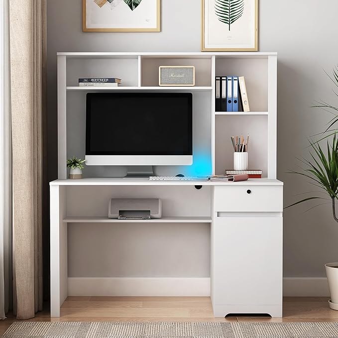 Computer Desk with Hutch BookshelfWood Executive Desk Teens Student Desk Writing Laptop Home Office Desk with Drawers3 AC Outlets and 2 USB Charging PortsStudy Laptop Table for Home
