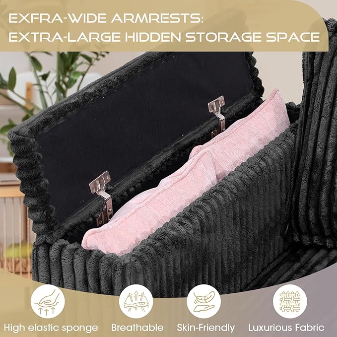 97 Inches Corduroy Couch with 2 Pillows Deep Seat Sectional Sofa Armrests with Two Hidden Storage Space Corner Couch Oversized L Shaped Cloud Couches for Living Room Black