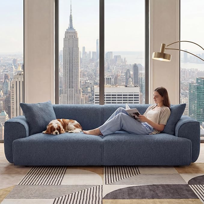 Modern 91'' Wide Cloud Couch Sofa Love Seat Couches W/Solid Frame Friendly Couch W/Boucle Couch Cozy Fabric with 2 Pillow &amp Rectangular Arm for Apartment Blue