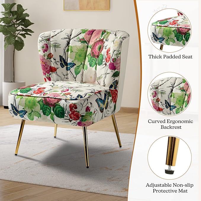 TINA'S HOME Armless Accent Chair with Gold Metal Legs Comfy Tufted Floral Fabric Living Room Chair Wingback Small Side Chair Upholstered Slipper Chair for Bedroom Reading Room (Print Flower IVORY)