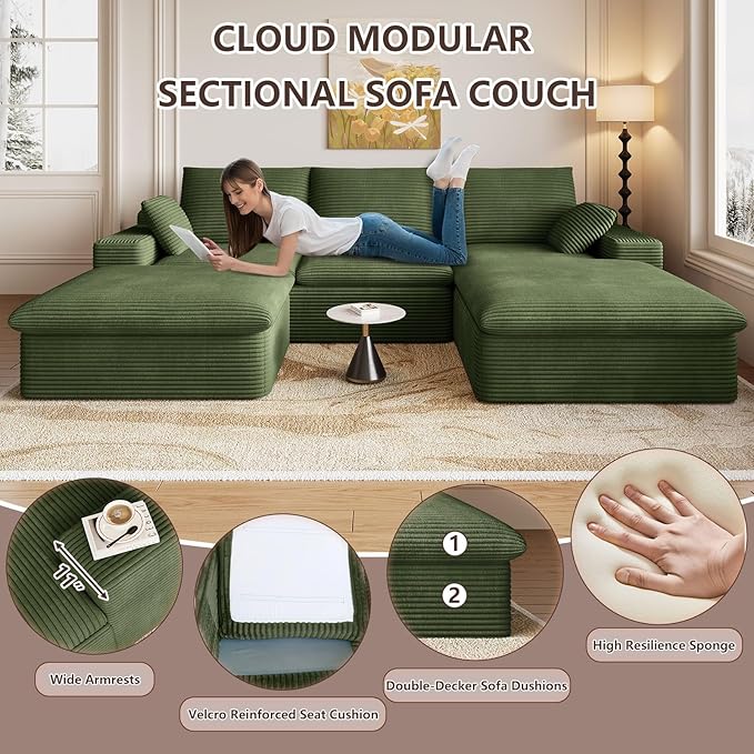107 Cloud Modular Sectional Sofa with 1 Ottoman Deep Seat Boneless Couch Modern Upholstered Corduroy Couches Comfort U Shaped Sofa for Living Room No Assembly Required(GreenRight Facing Chaise)