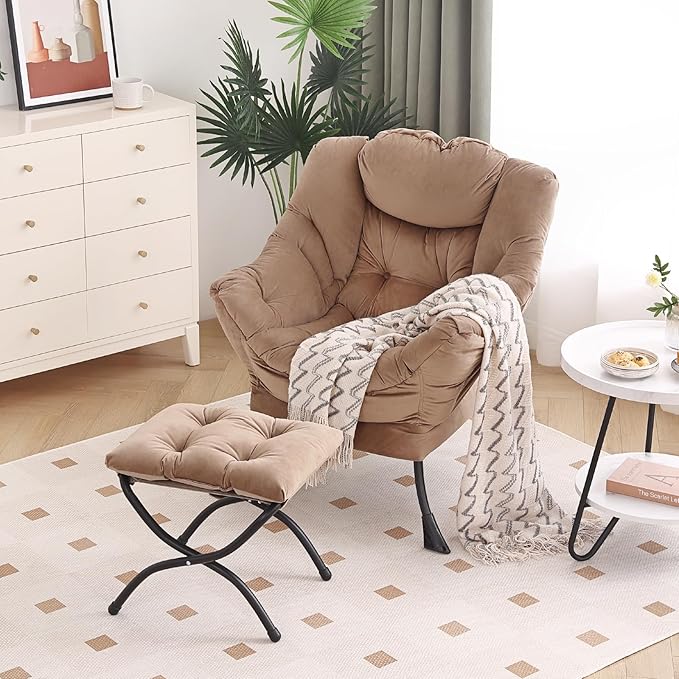 Lazy Chair with Ottoman Modern Accent Chair with Armrests and a Side Pocket Velvet Khaki Accent Chairs Reading Chairs Oversized Armchairs for Bedroom Study Living Room Courtyard