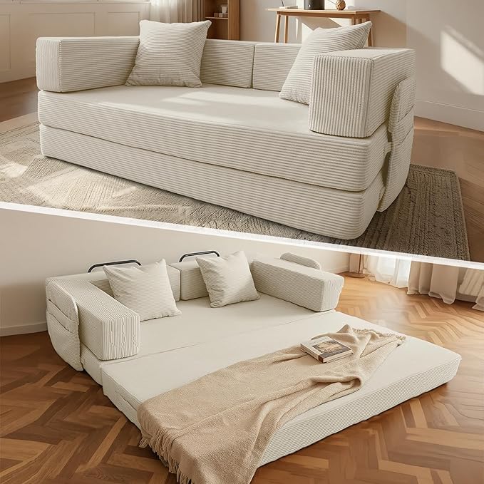 5‑in‑1 Futon Sofa Bed Queen – Floor Foldable Convertible Sofa Couch with L‑Shaped Armrests Removable Cover White Convertible Guest Bed | Space‑Saving Fold‑Out Mattress Lounge for Living Room/Bedroom