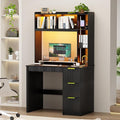 Home Office Desk with Hutch &amp LED Lights - 39 Computer Desk with Charging Station 3 Large Drawers Hidden Compartment &amp Fluted Panel DesignBlack Writing Desk for Bedroom Study