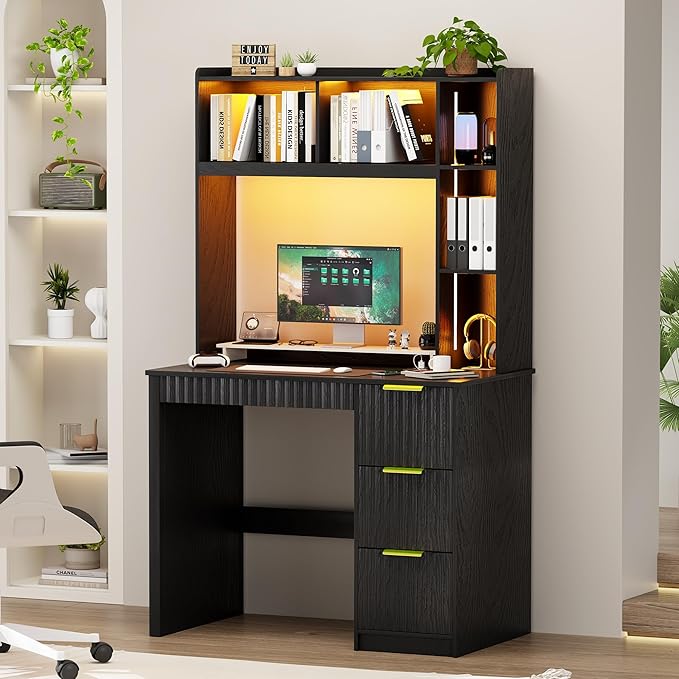 Home Office Desk with Hutch &amp LED Lights - 39 Computer Desk with Charging Station 3 Large Drawers Hidden Compartment &amp Fluted Panel DesignBlack Writing Desk for Bedroom Study